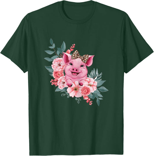 Pig With Leopard Headband Flower Pig Lover T-Shirt - T-Shirt | Forest