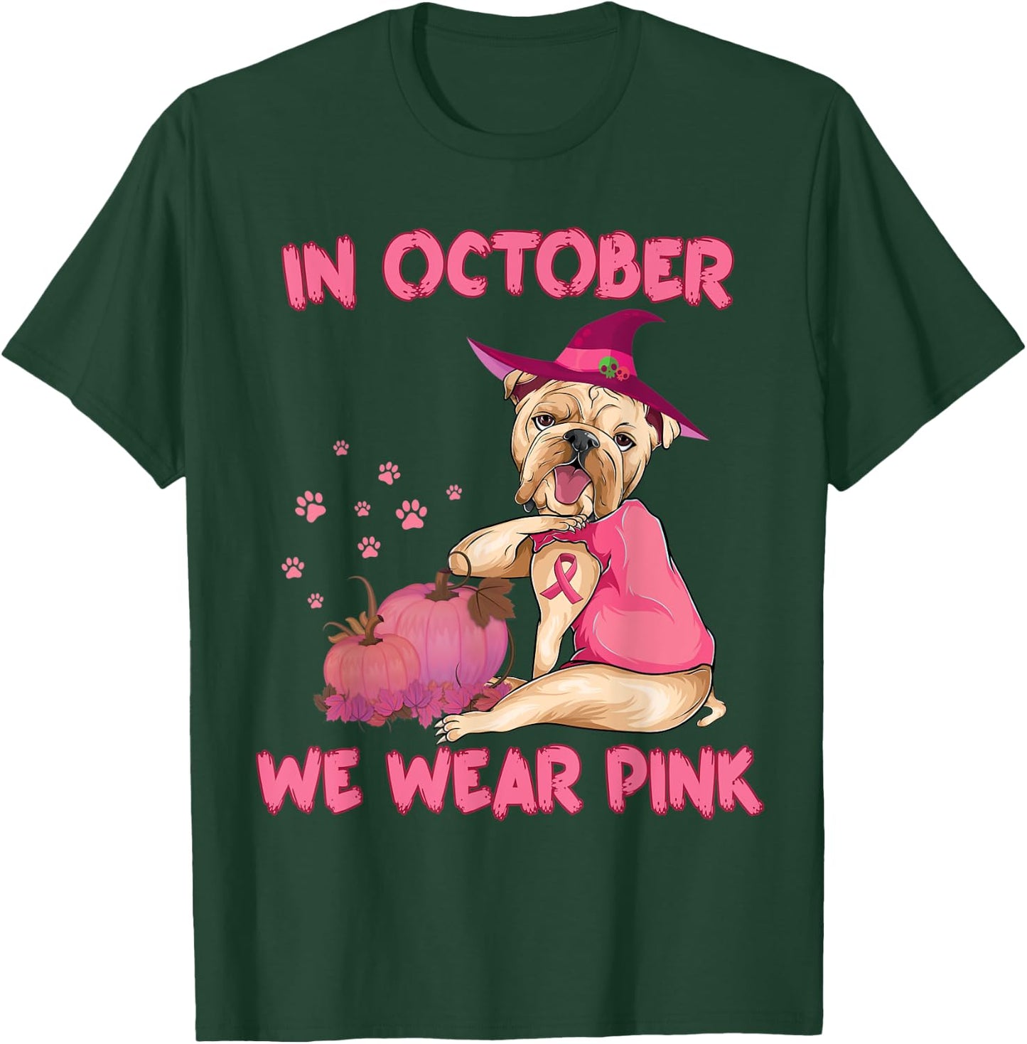 In October We Wear Pink Bulldog Dog Breast Cancer Halloween T-Shirt - T-Shirt | Forest