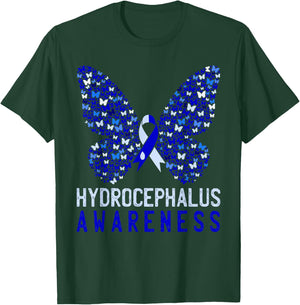 Butterfly Hydrocephalus Awareness Month Blue Ribbon Support T-Shirt - T-Shirt | Forest