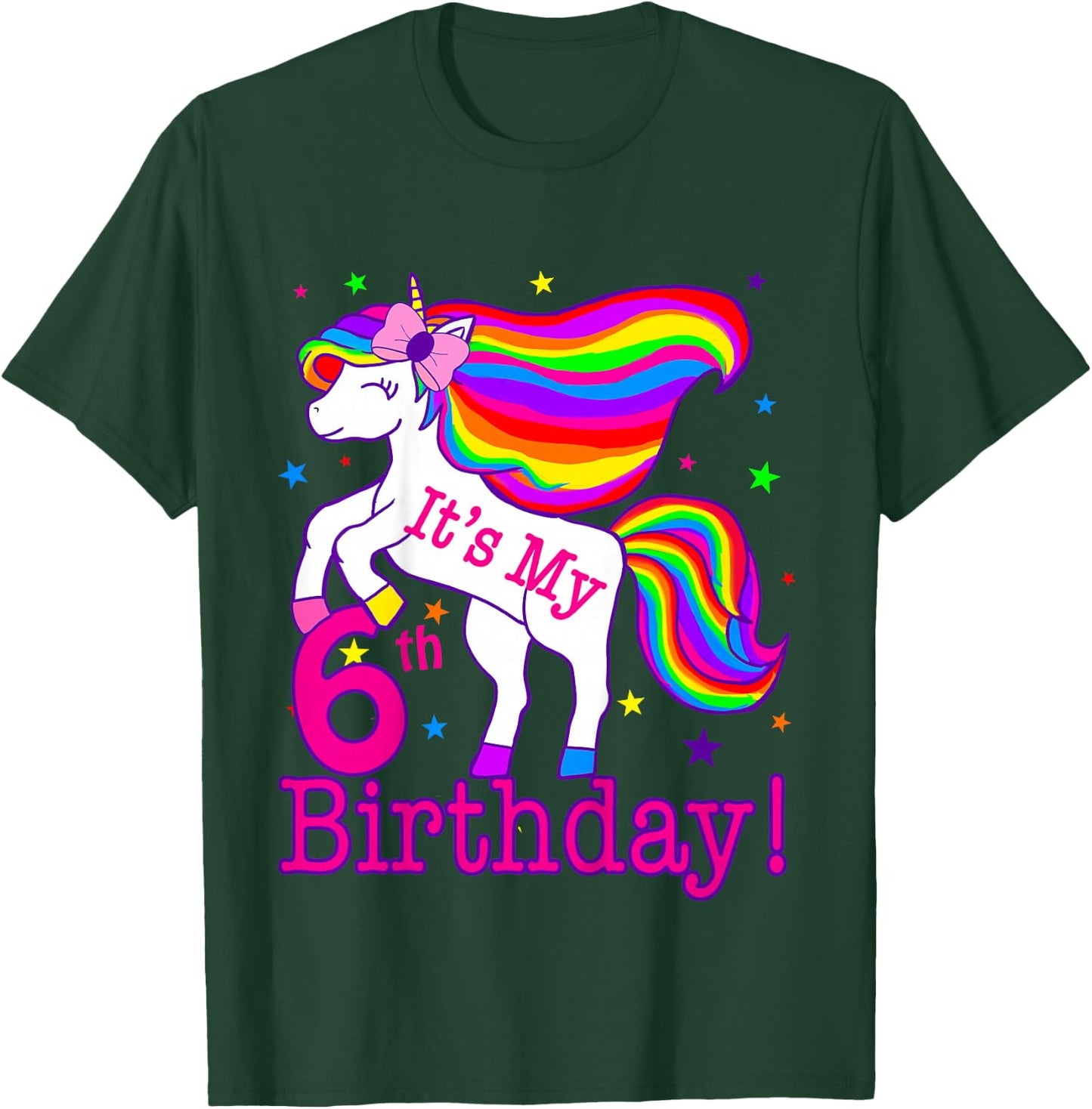 Its My 6th Birthday Rainbow Star Unicorn (6 Year Old) Girls T-Shirt - T-Shirt | Forest