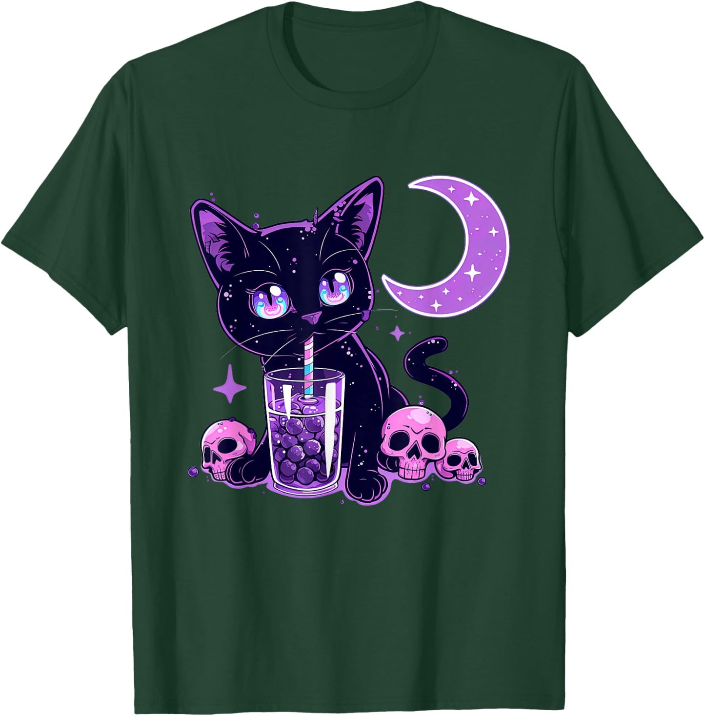 Cute Kawaii Cat Drink Boba Tea Purple Pastel Goth Neko Cat T-Shirt - T-Shirt | Forest
