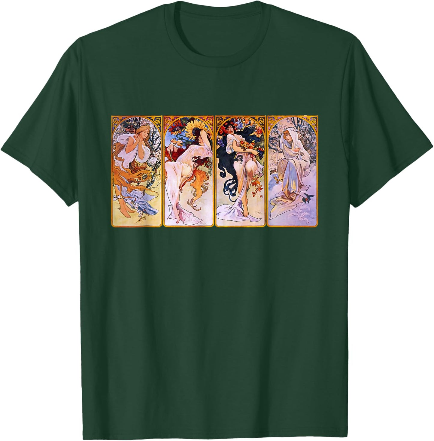 Four Seasons by Mucha Art Nouveau T-Shirt - T-Shirt | Forest
