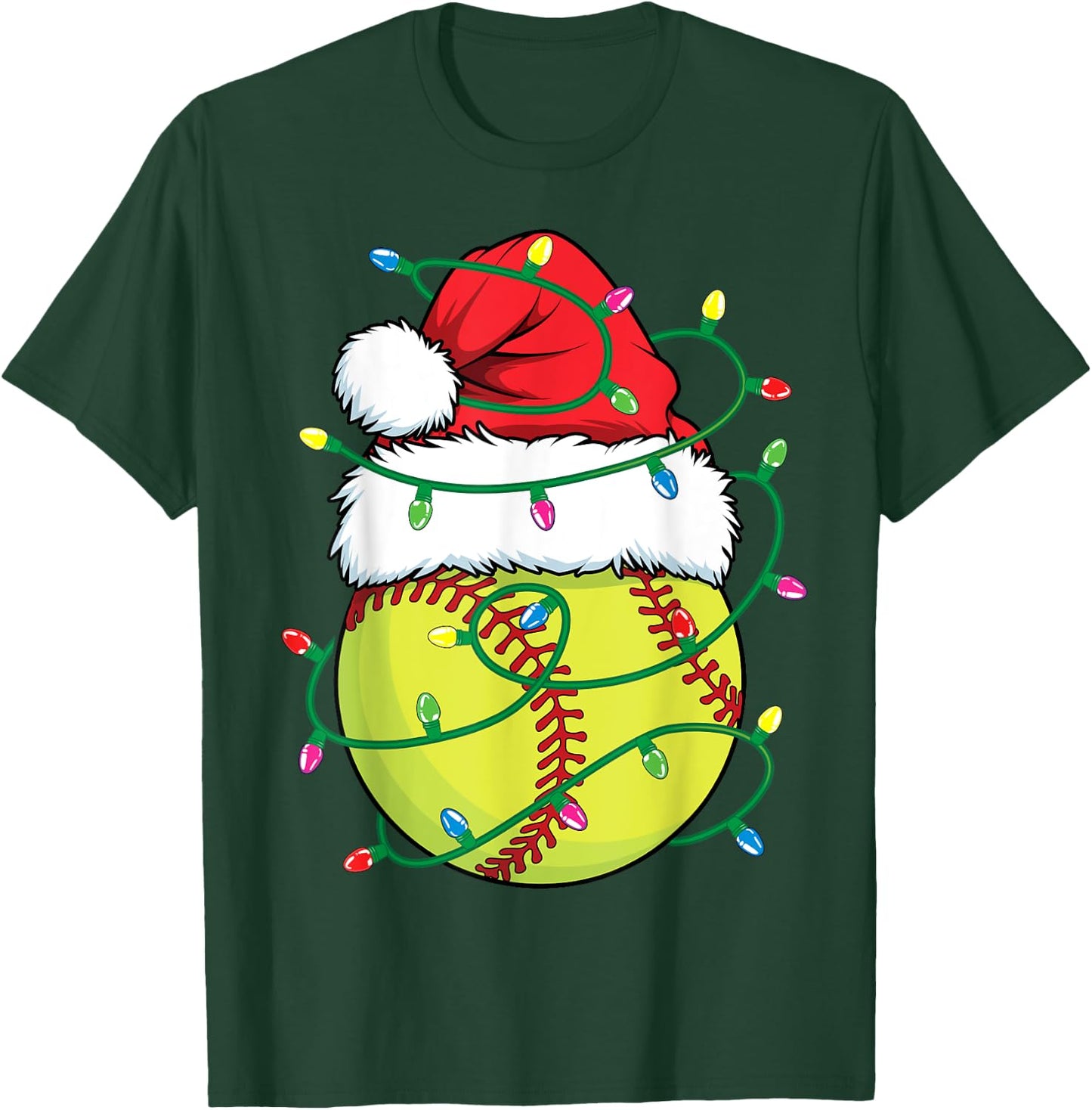 Softball with Santa Hat Men Boys Girls Christmas Xmas Lights T-Shirt - T-Shirt | Forest