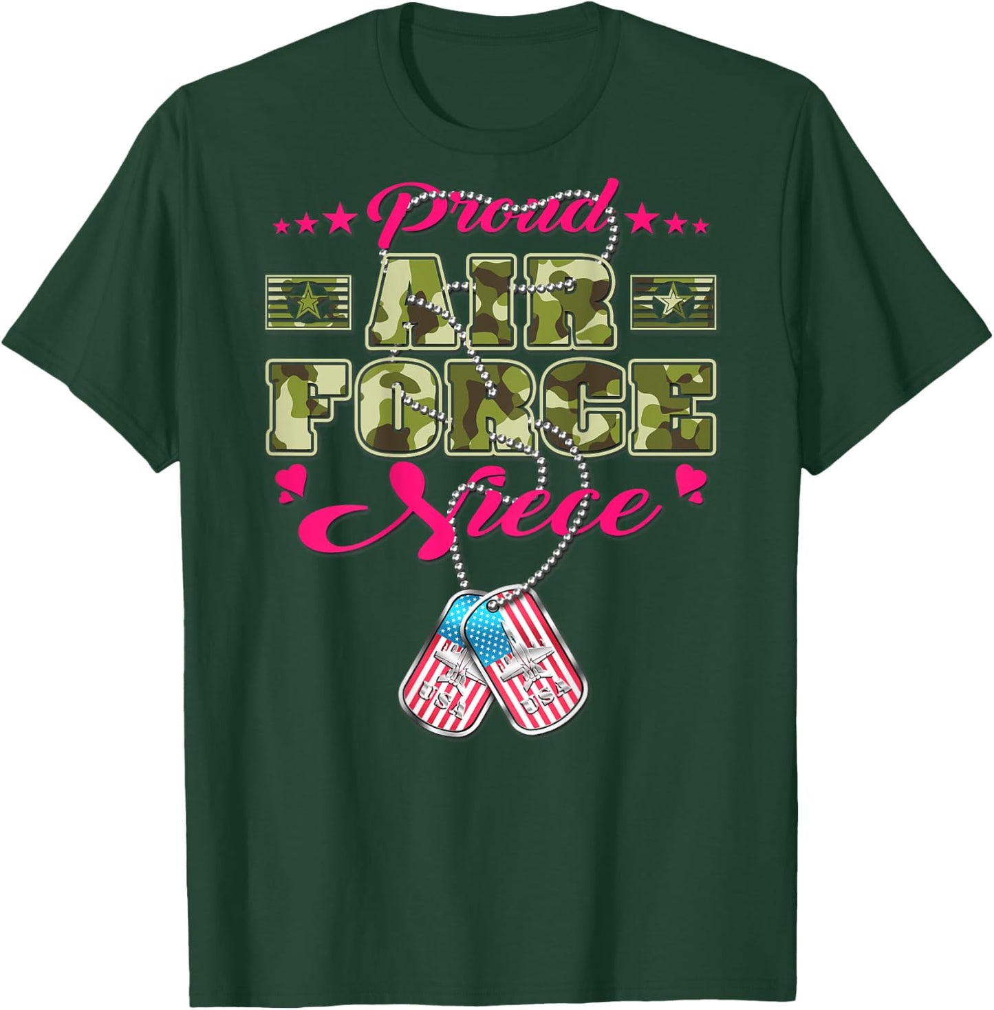 Proud Air Force Niece - Camo US Flag Dog Tag Military Family Men Women Kids T-Shirt - T-Shirt | Forest