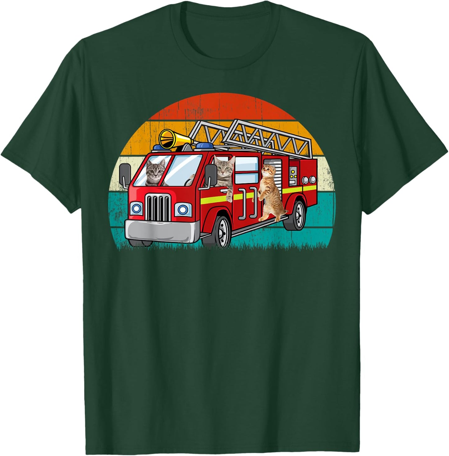 Vintage Retro Style Sunset rescue Engine Cat Firefighter T-Shirt - T-Shirt | Forest