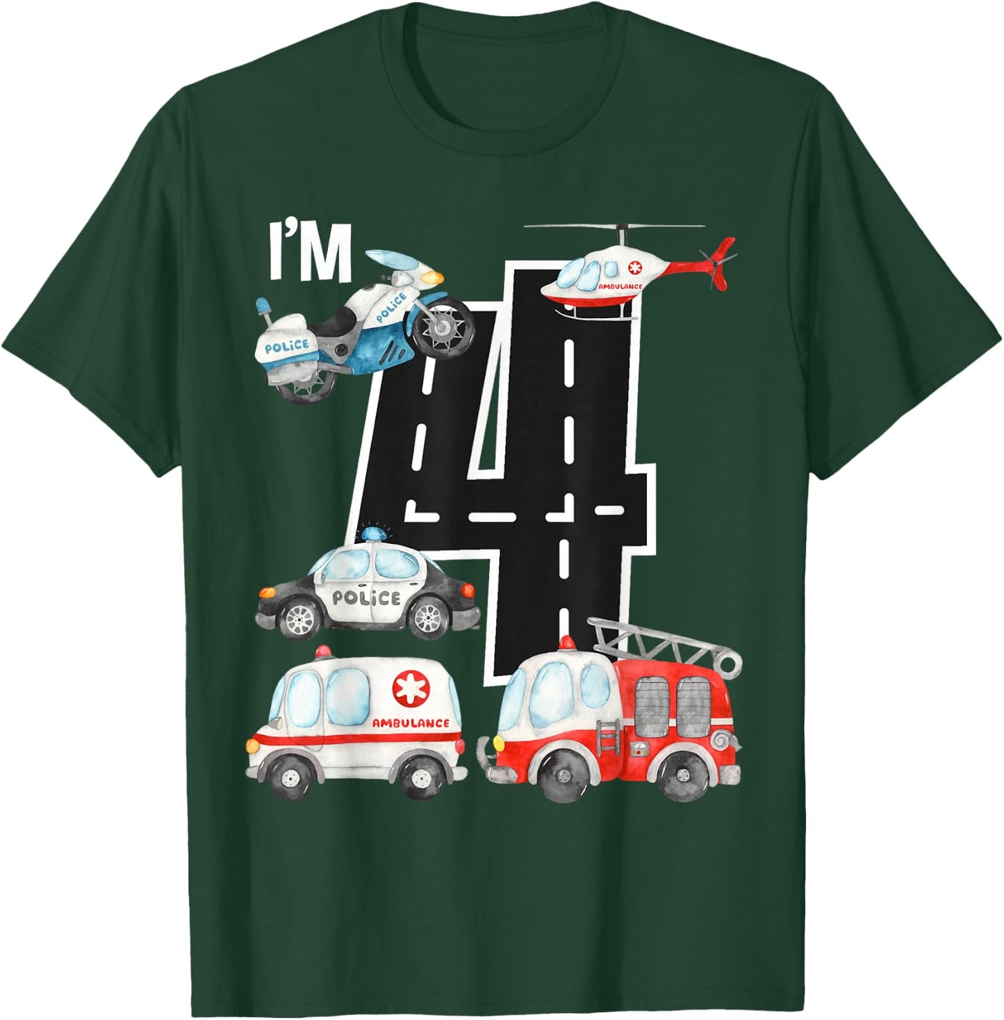 Emergency Vehicles 4th Birthday Fire Truck Police Car Boys T-Shirt - T-Shirt | Forest
