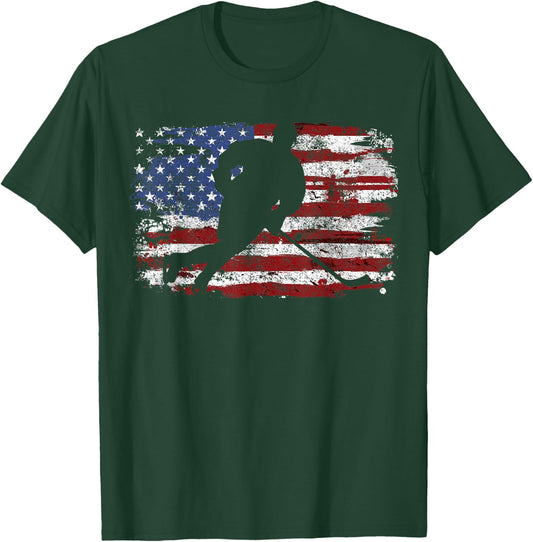 Ice Hockey Player USA American Flag 4th of July Gift T-Shirt - T-Shirt | Forest