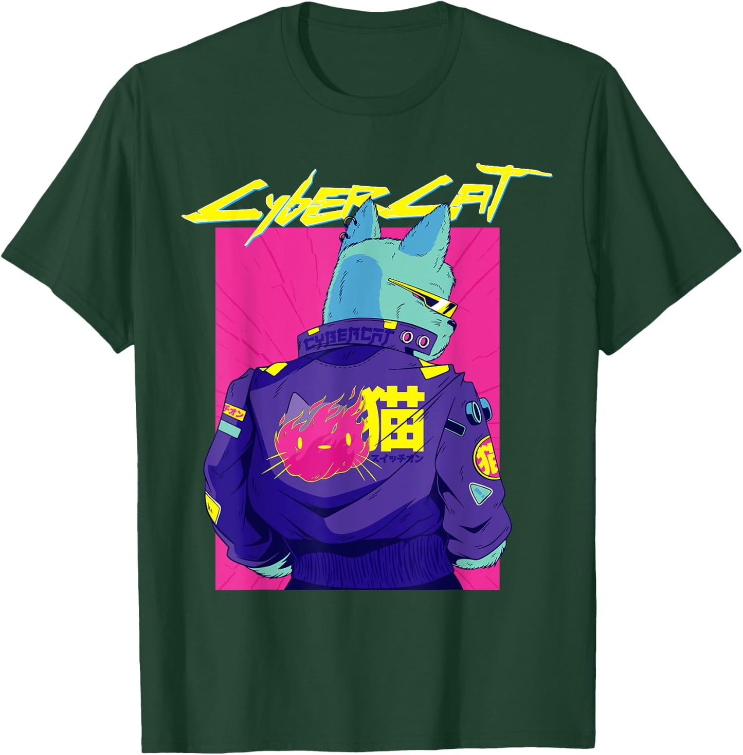 Cyberpunk Pun Cat cybercat Japanese Character cyberpunker T-Shirt - T-Shirt | Forest