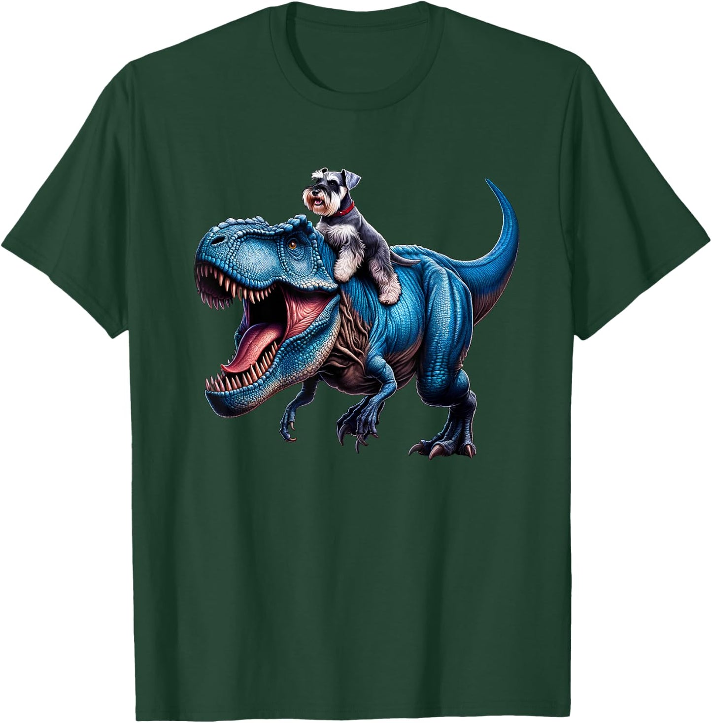 Miniature Schnauzer Riding T-Rex Dinosaur Funny Dog Lover T-Shirt - T-Shirt | Forest