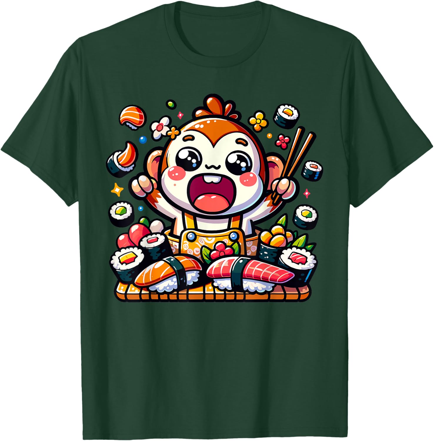 Hungry Kawaii Monkey Eating Sushi Japanese Food T-Shirt - T-Shirt | Forest