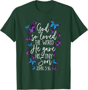 Christian Bible Verse God Gave His Son John 5:13 Butterfly T-Shirt - T-Shirt | Forest