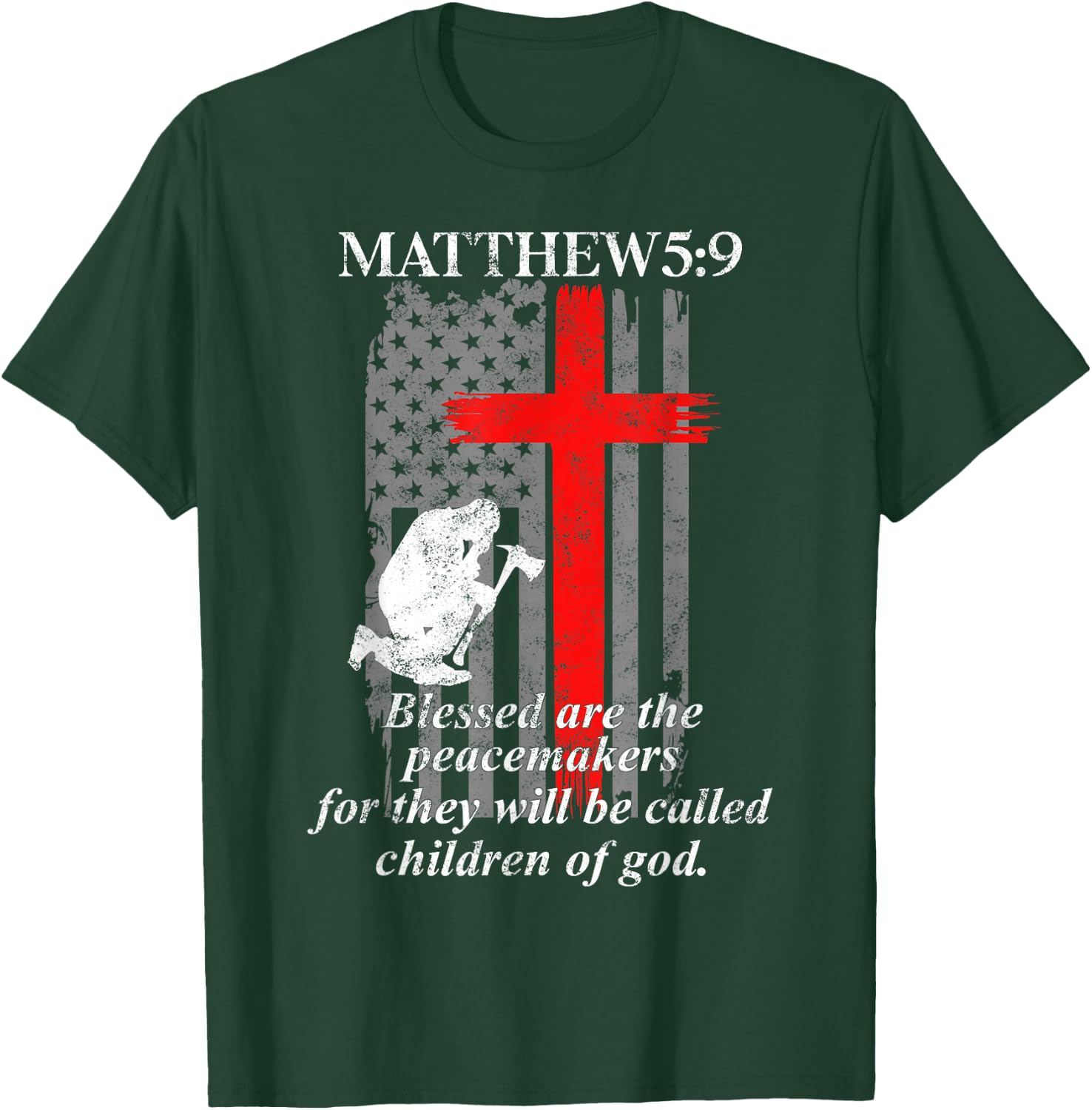 Thin Red Line Fireman Cross Bible Verse Firefighter USA Flag T-Shirt - T-Shirt | Forest
