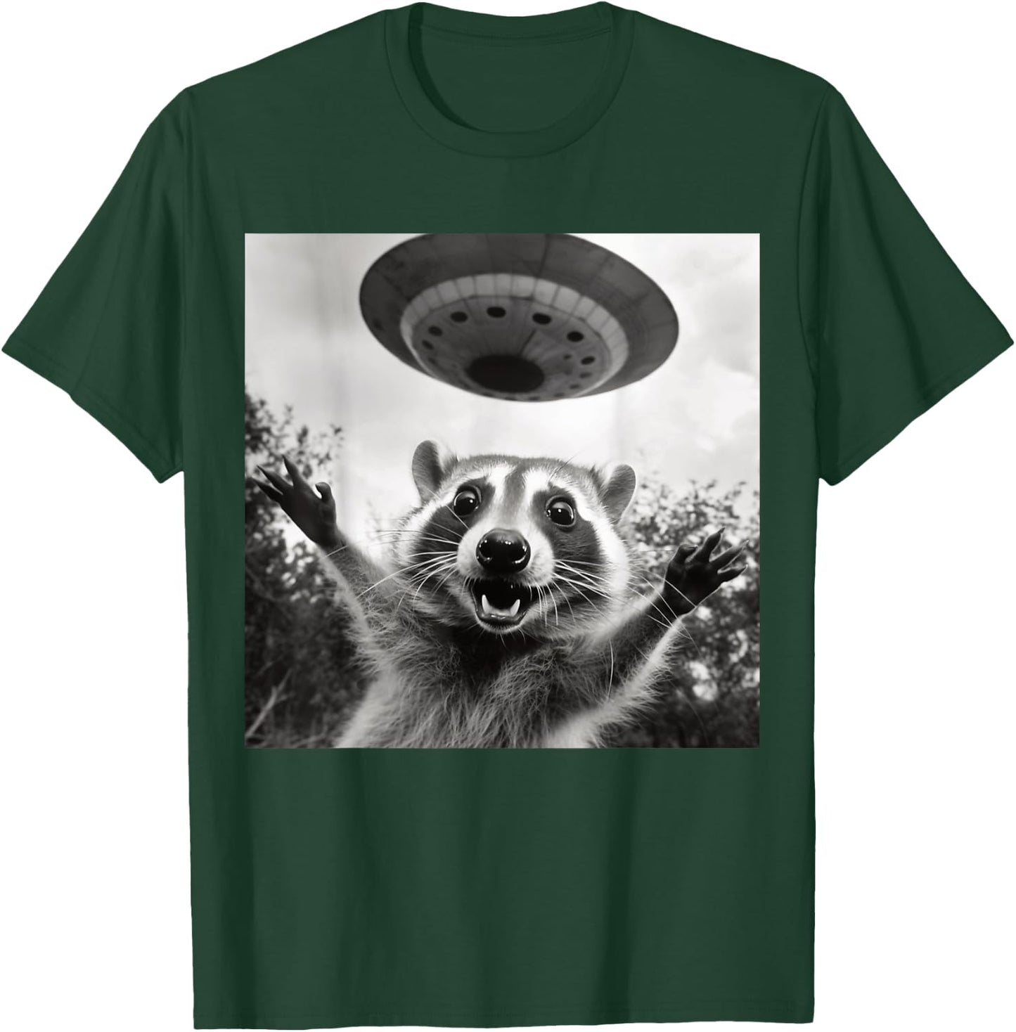 Funny Raccoon UFO Alien Selfie Photo Of Raccoon With UFO T-Shirt - T-Shirt | Forest