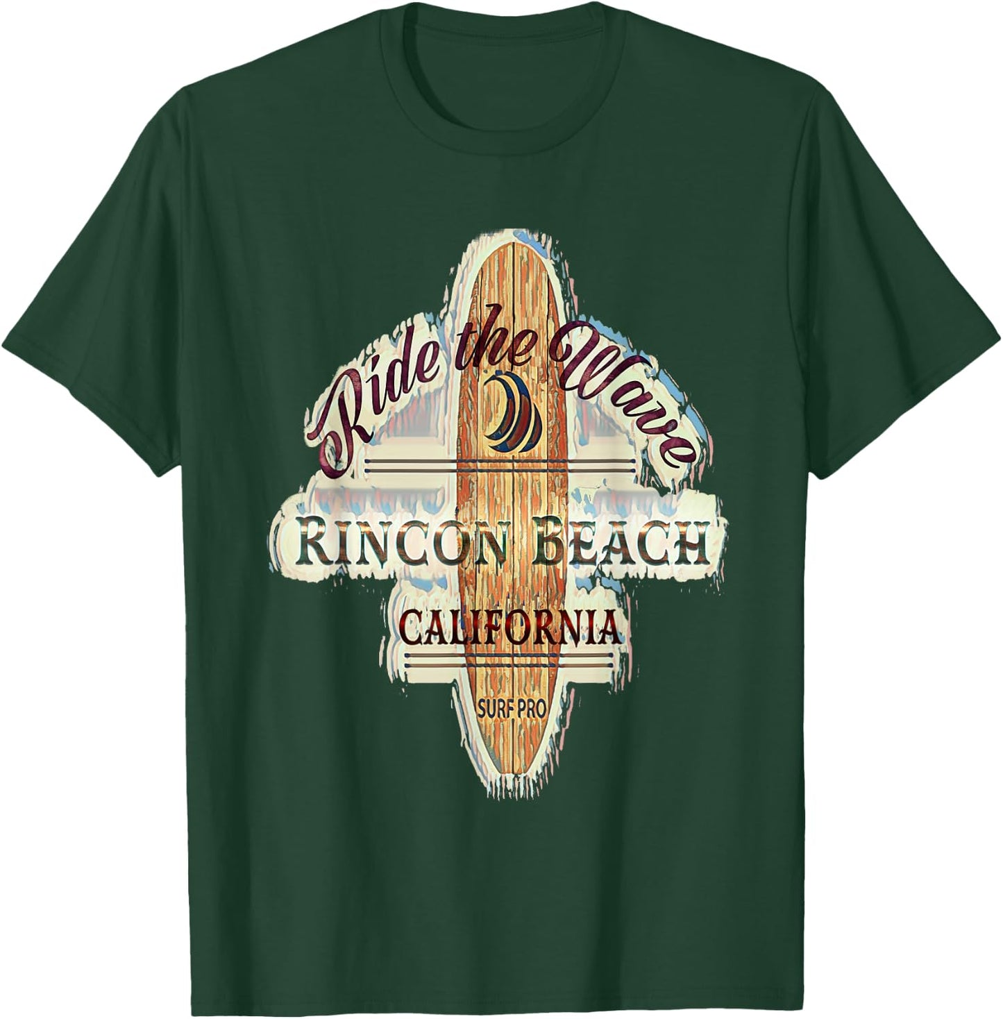 Rincon Beach Surfing Distressed Vintage Retro Surfboard Men Women Girls Kids T-Shirt - T-Shirt | Forest