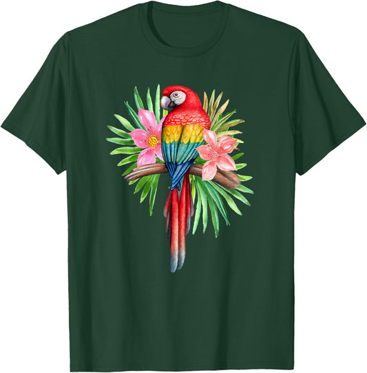 Parrot In Tropical Flowers Summer Beach Tiki Party Luau T-Shirt - T-Shirt | Forest