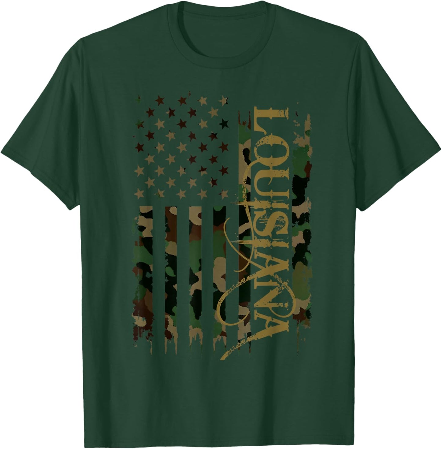 Louisiana United States Distressed Camo w US Flag T-Shirt - T-Shirt | Forest