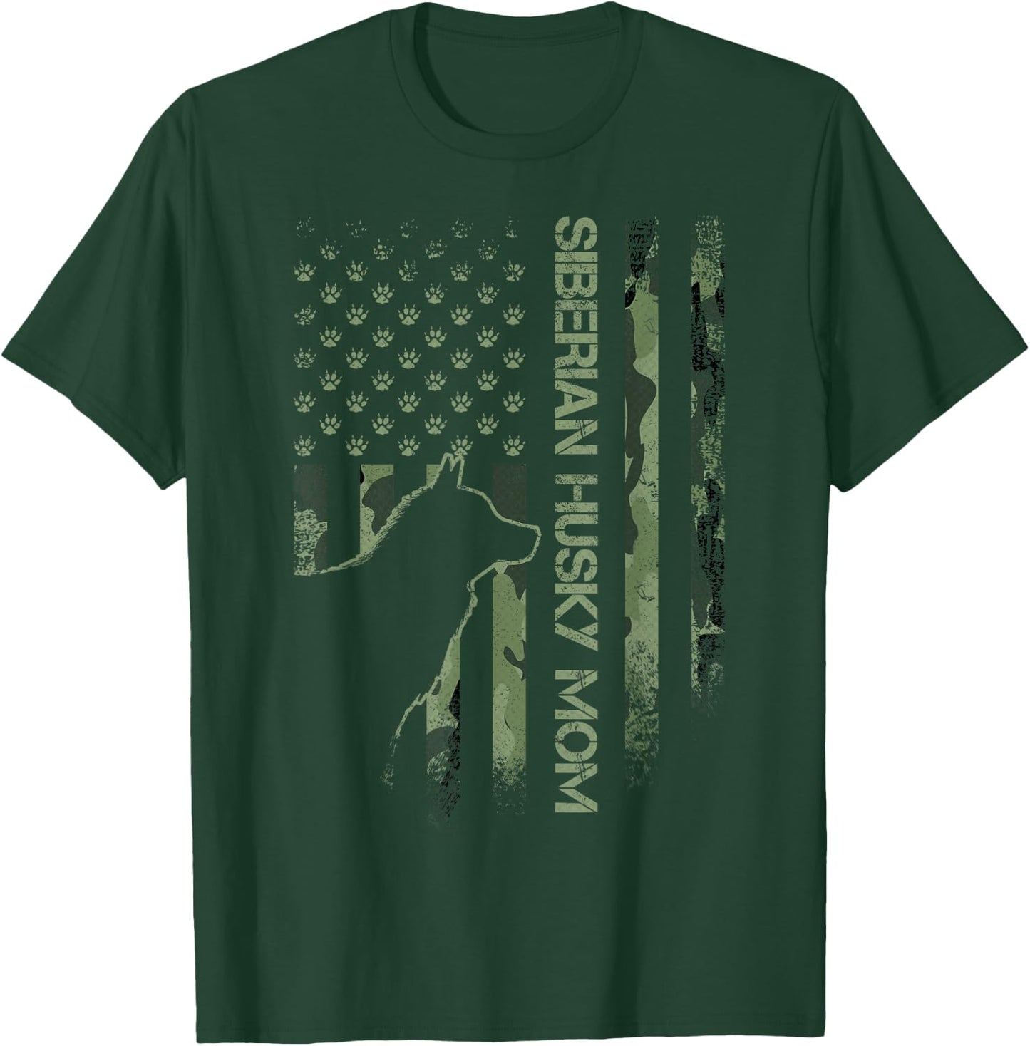 Vintage USA Camo Flag Proud Siberian Husky Mom Silhouette T-Shirt - T-Shirt | Forest