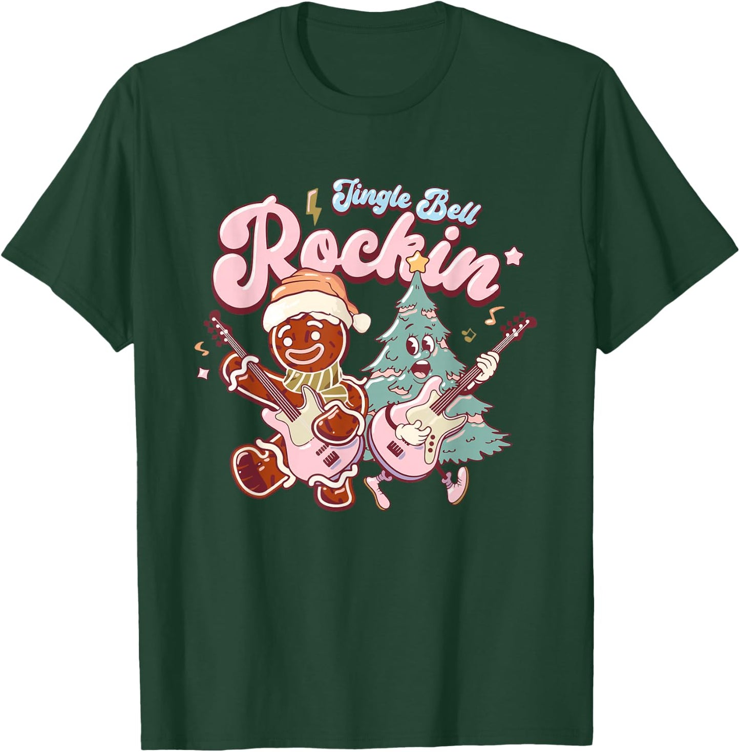 Jingle Bell Rockin Christmas Tree Guitarist Groovy Retro T-Shirt - T-Shirt | Forest