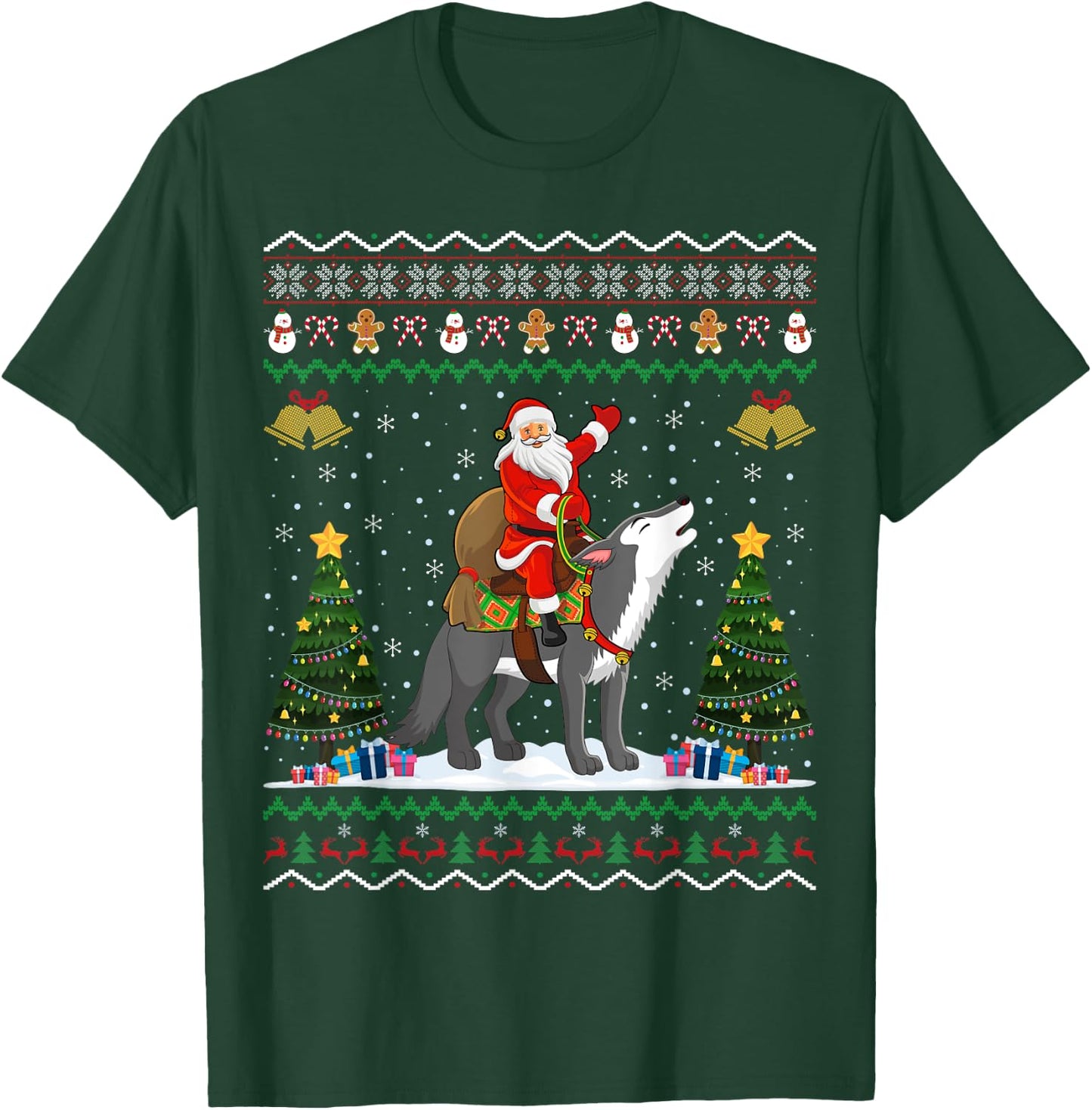 Ugly Wolf Xmas Gift Santa Riding Wolf Christmas T-Shirt - T-Shirt | Forest