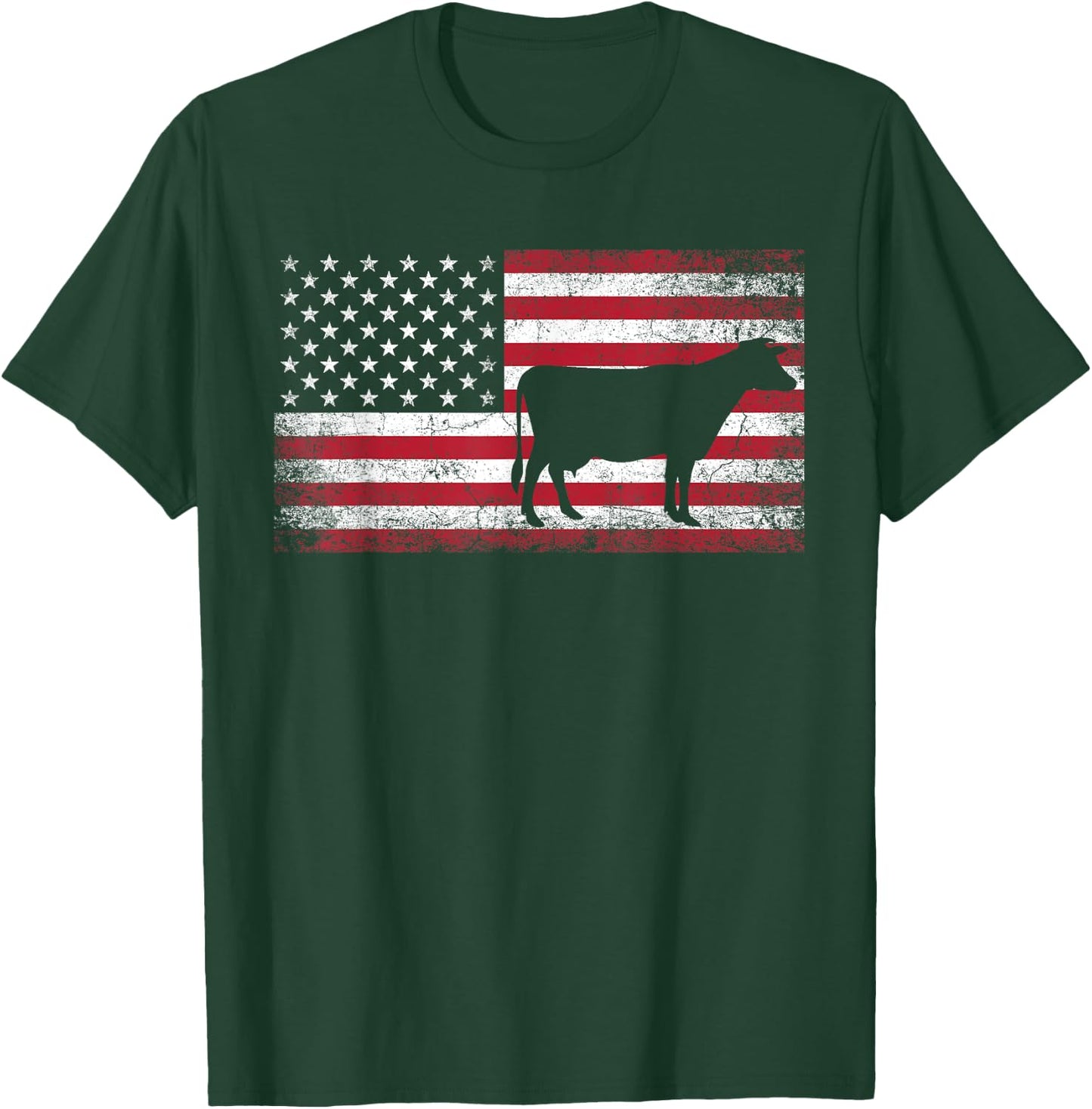 Cow Farm Farmer 4th of July American Flag Patriotic USA T-Shirt - T-Shirt | Forest