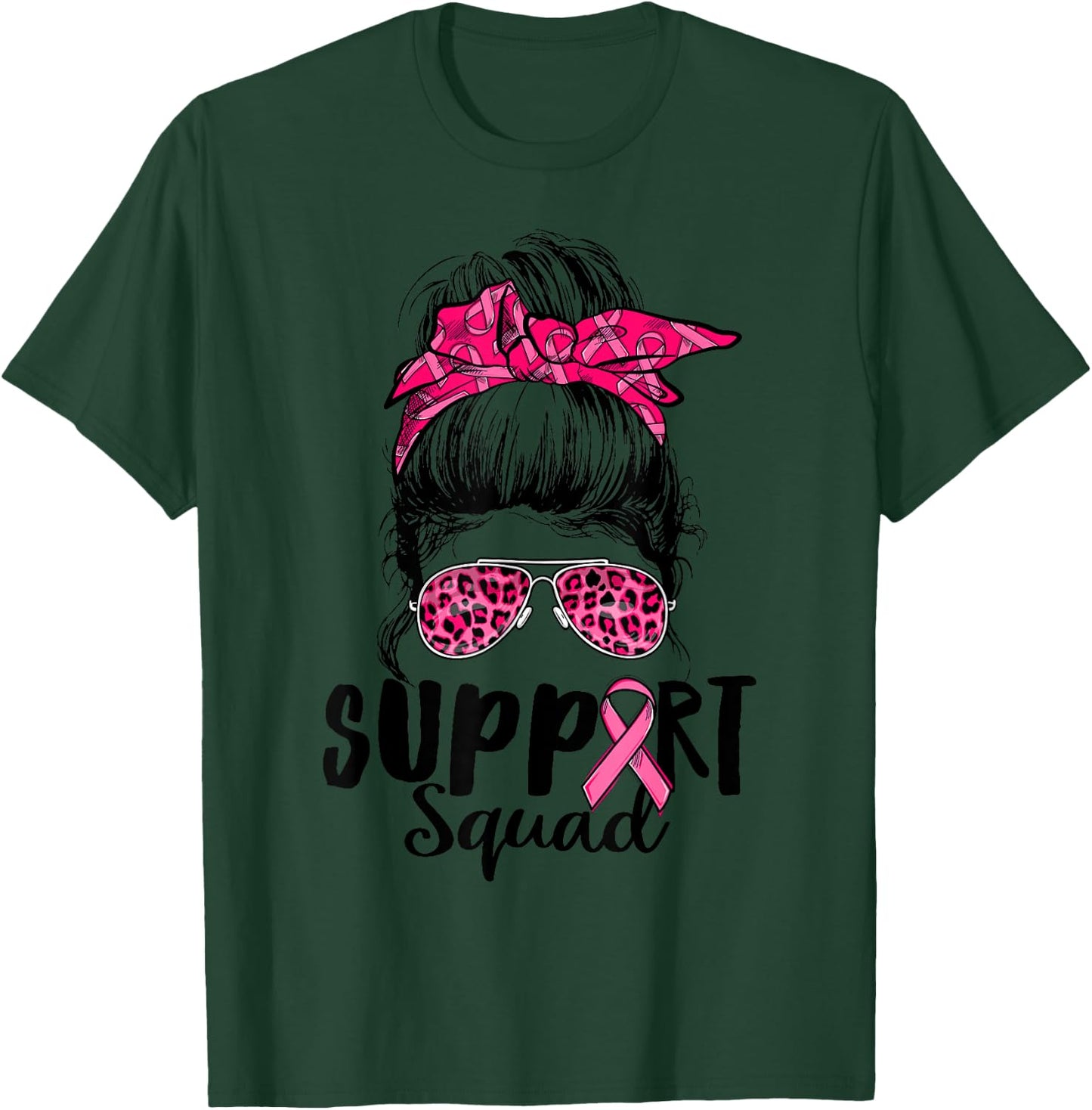 Support Squad Messy Bun Pink Warrior Breast Cancer Awareness T-Shirt - T-Shirt | Forest