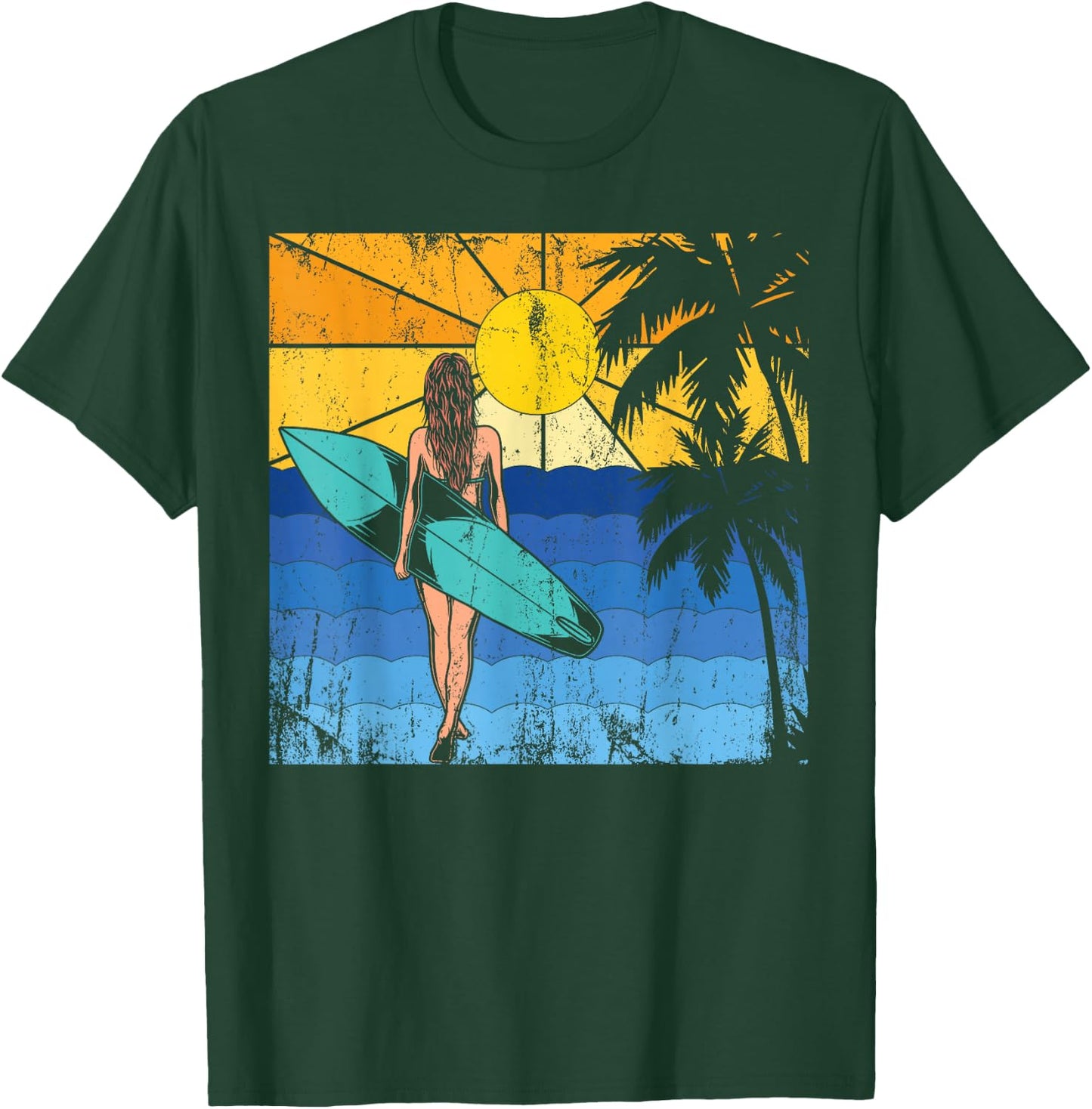 Tropical Beach Surf Sunset Surfboard Surfer Ocean Surfing T-Shirt - T-Shirt | Forest