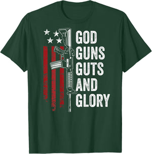 GOD GUNS GUTS & GLORY - Patriotic USA Flag Pro Gun - ON BACK Women Men T-Shirt - T-Shirt | Forest