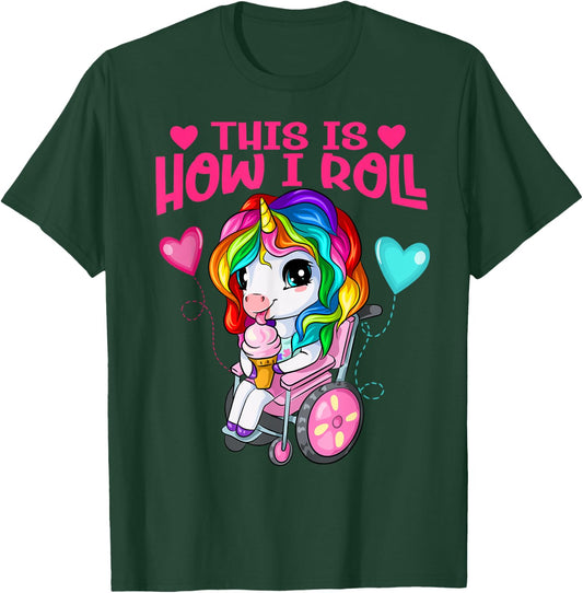 Cute Ice Cream Eating Unicorn Girl In Wheelchair T-Shirt - T-Shirt | Forest