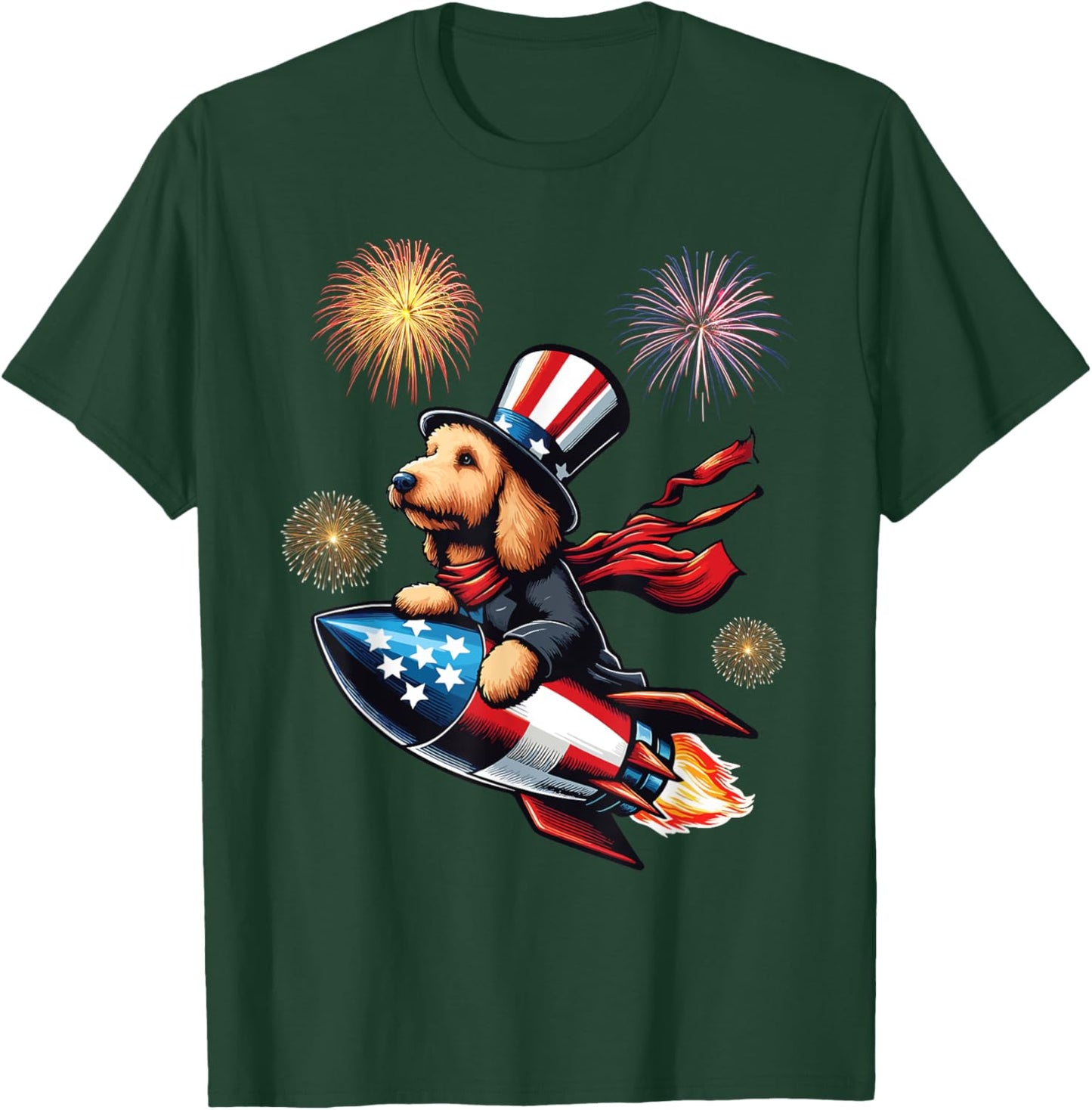 Labradoodle Rocket Fireworks Independence Day USA Patriotic Women Kids Men T-Shirt - T-Shirt | Forest
