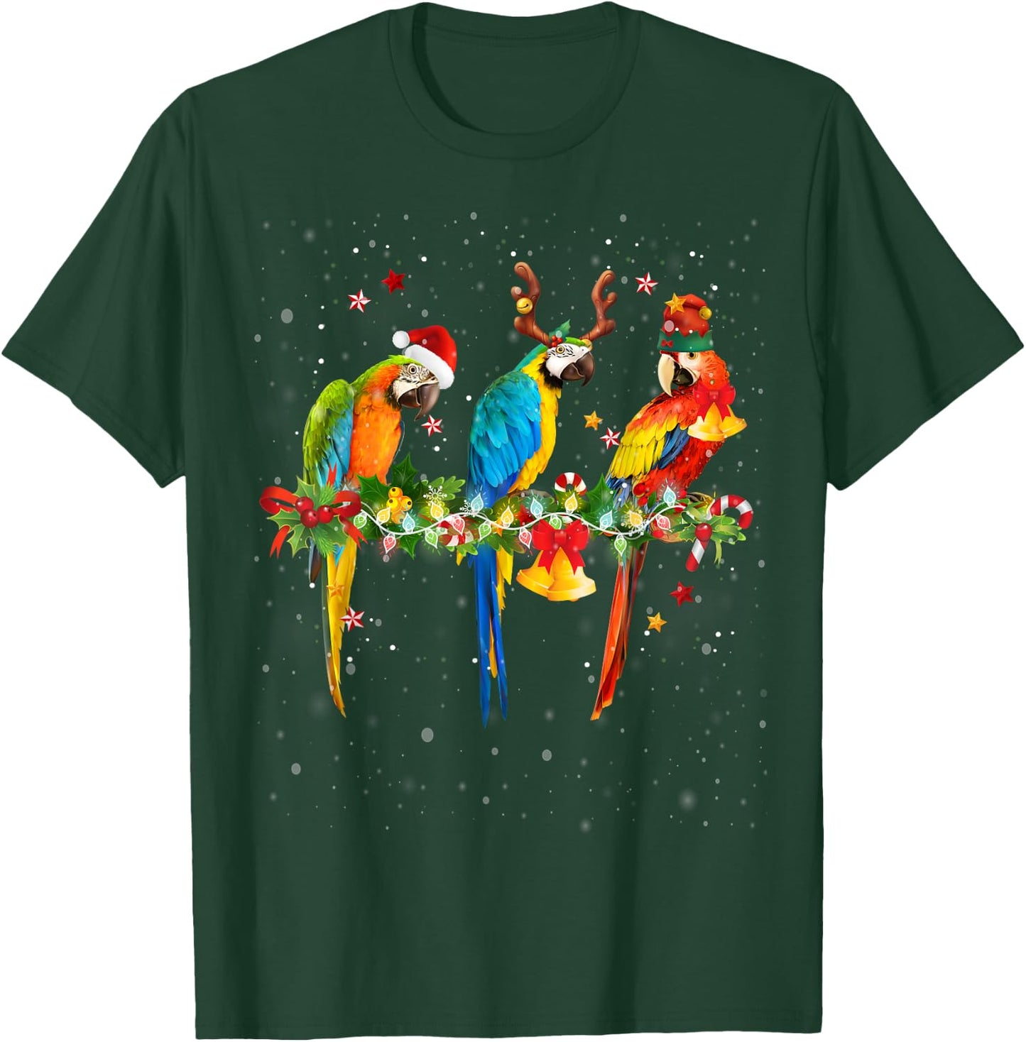 Colorful Christmas Parrots Santa Reindeer Elf Hat Funny T-Shirt - T-Shirt | Forest