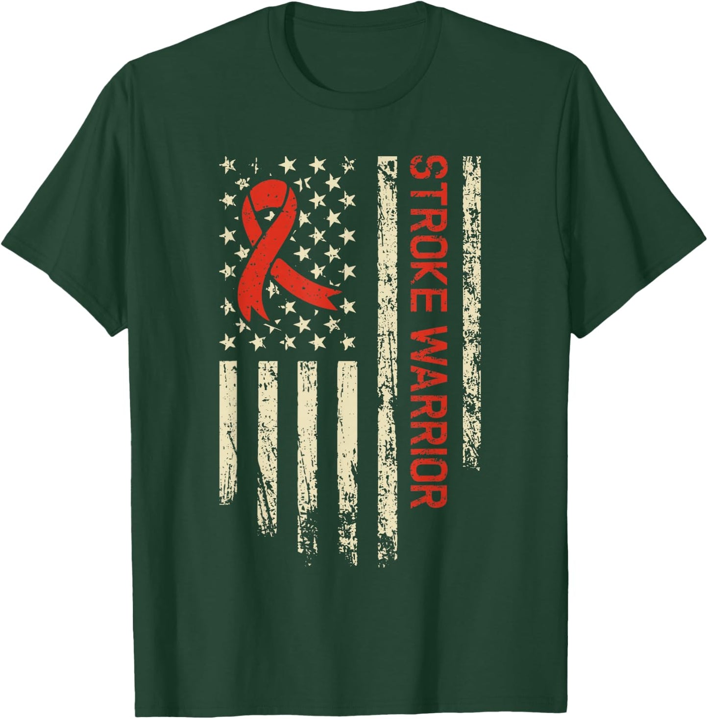 Stroke Warrior USA Flag - Red Ribbon Stroke Awareness T-Shirt - T-Shirt | Forest