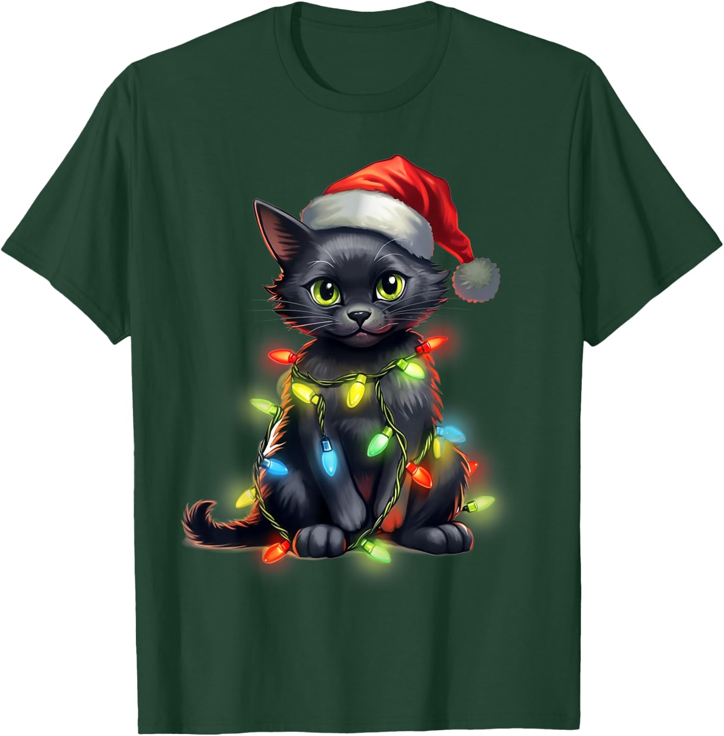 Retro Black Cat Christmas Light Funny Cat Men Women Kids T-Shirt - T-Shirt | Forest