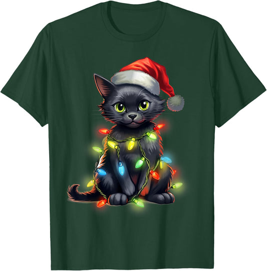 Retro Black Cat Christmas Light Funny Cat Men Women Kids T-Shirt - T-Shirt | Forest