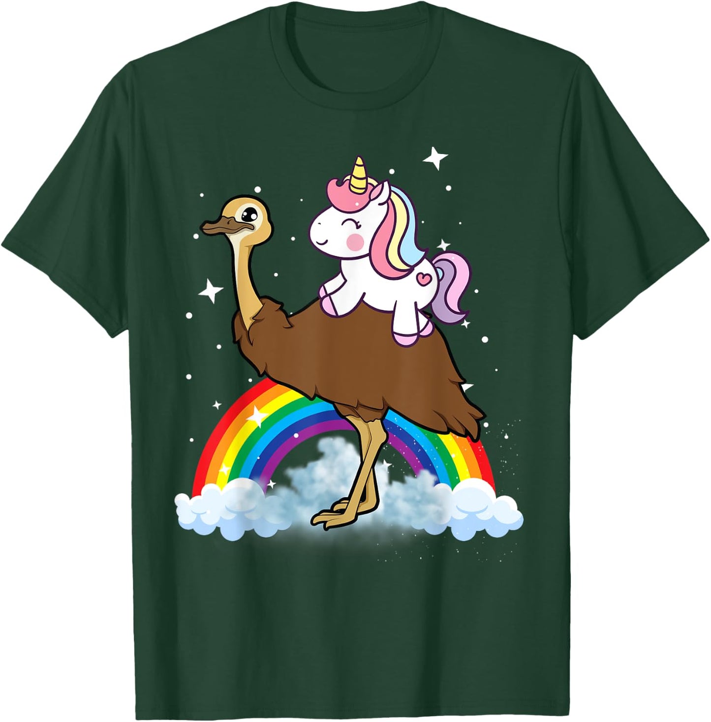 Unicorn Riding Emu Boys Girls Men Women Kids Teens Rainbow T-Shirt - T-Shirt | Forest