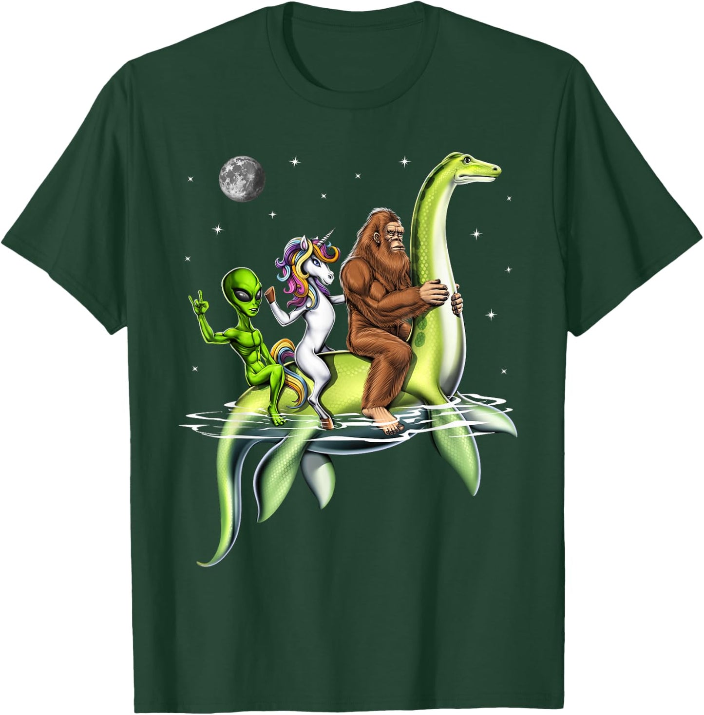 Cryptids Bigfoot Alien Unicorn Riding Loch Ness Monster T-Shirt - T-Shirt | Forest