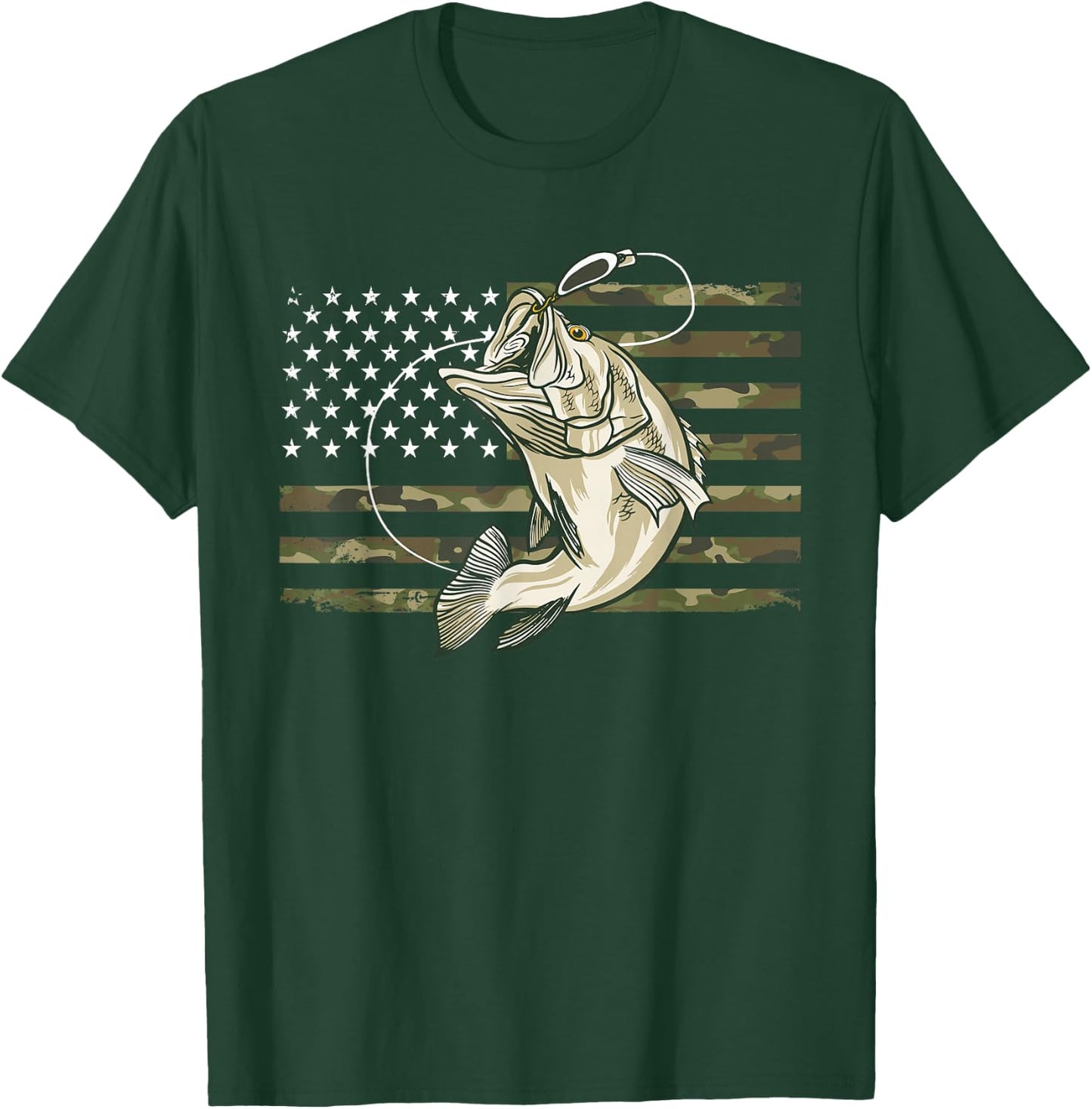 Fishing Camouflage US American Flag Bass Fish Fisherman Camo T-Shirt - T-Shirt | Forest