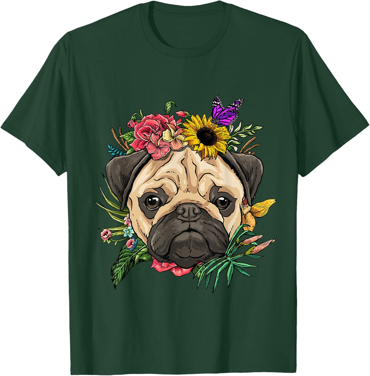 Pug Shirt Dog Pug Face Flower Pug Lovers Owners Pug Mom Dad T-Shirt - T-Shirt | Forest