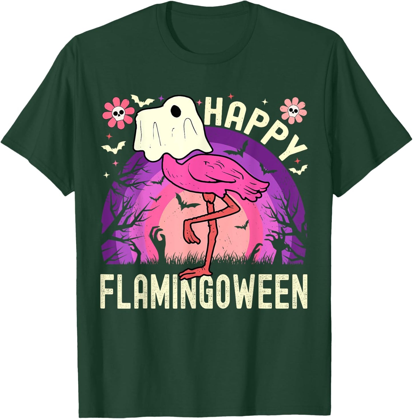 Happy Flamingoween Funny Flamingo Ghost Retro Halloween T-Shirt - T-Shirt | Forest