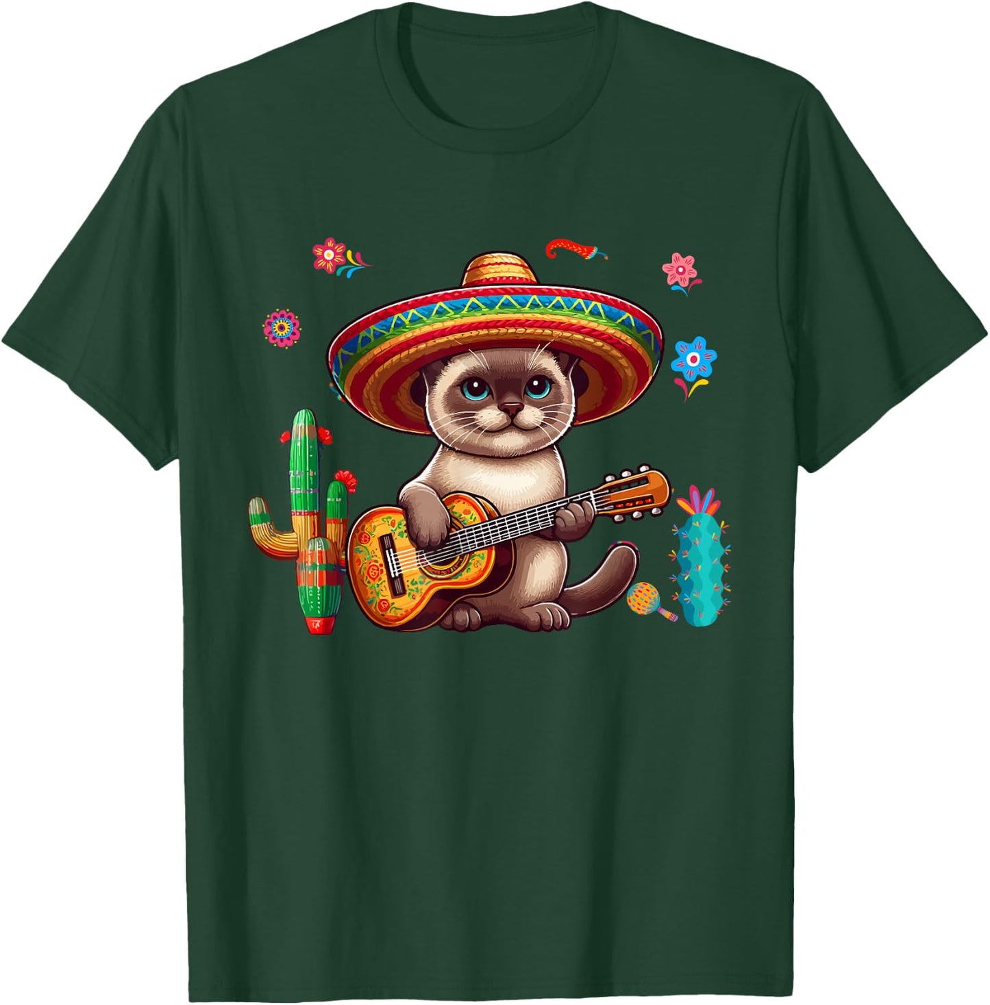 Siamese Cat Sombrero Mexican Guitar Cinco De Mayo Owner Men Women Kids T-Shirt - T-Shirt | Forest