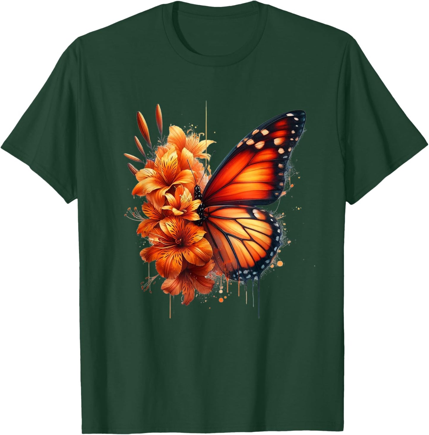 Butterfly Flowers Floral Vintage Tiger Lily Monarch Orange T-Shirt - T-Shirt | Forest