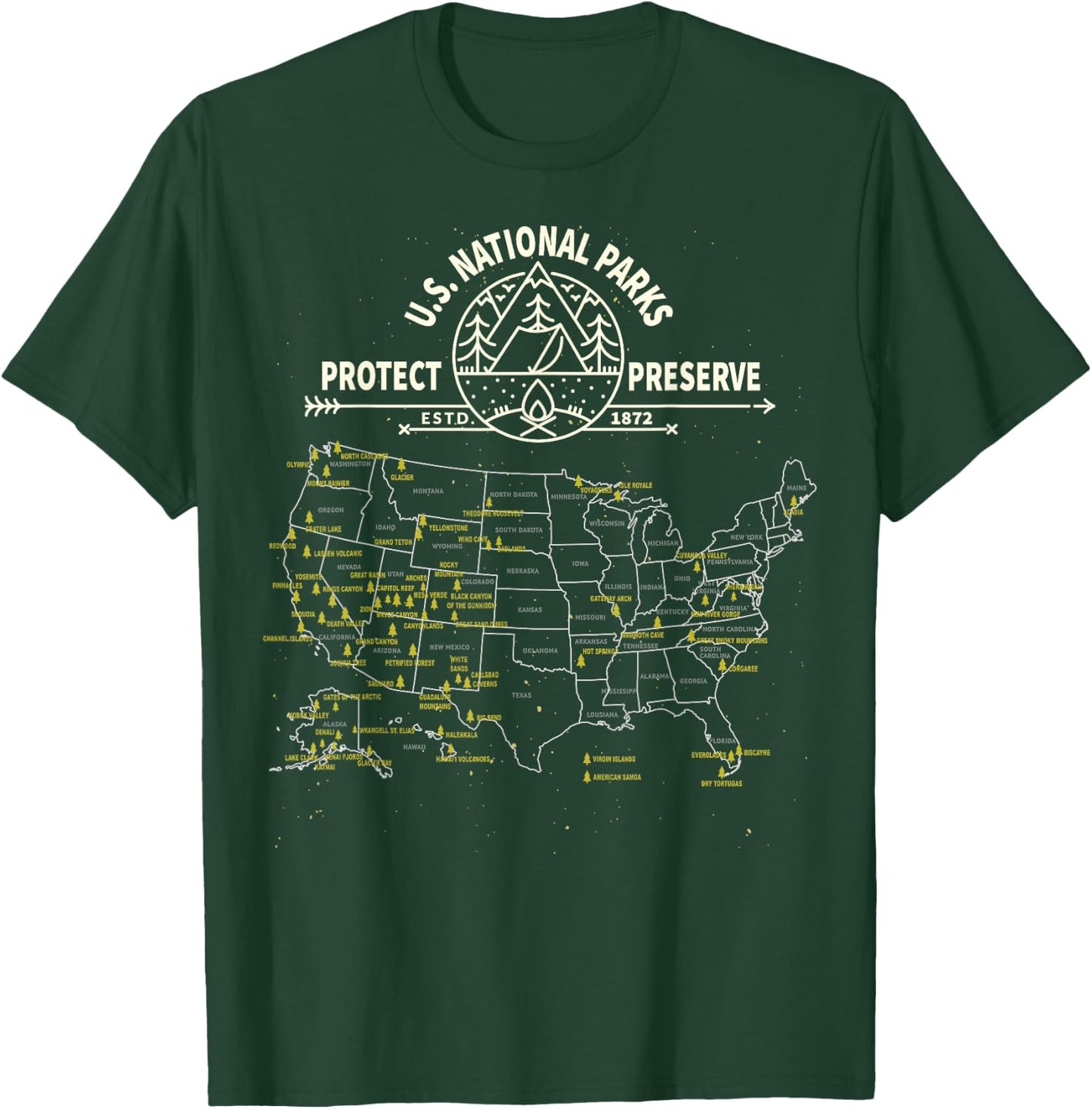 U.S. National Park Camping - All 63 US National Parks Map T-Shirt - T-Shirt | Forest