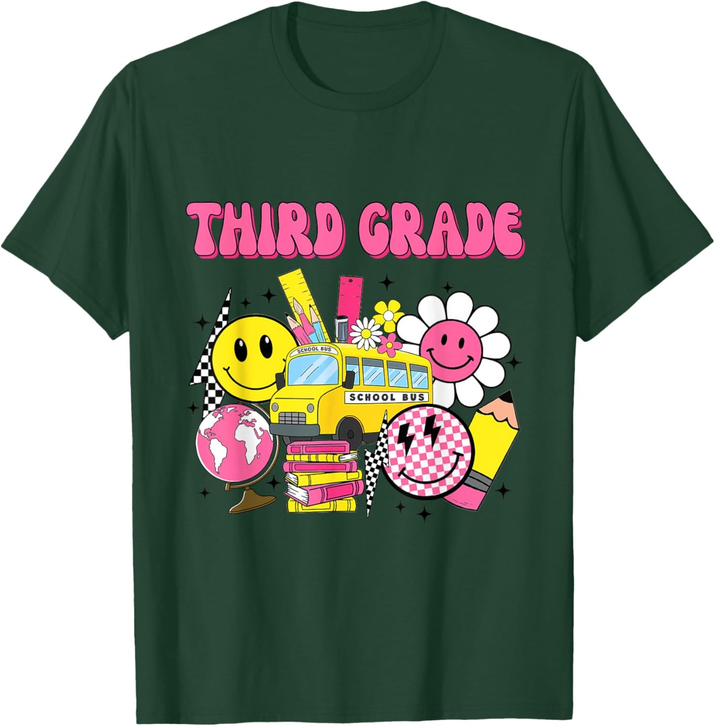 Retro Groovy Third Grade Checkered Back To School Teacher T-Shirt - T-Shirt | Forest