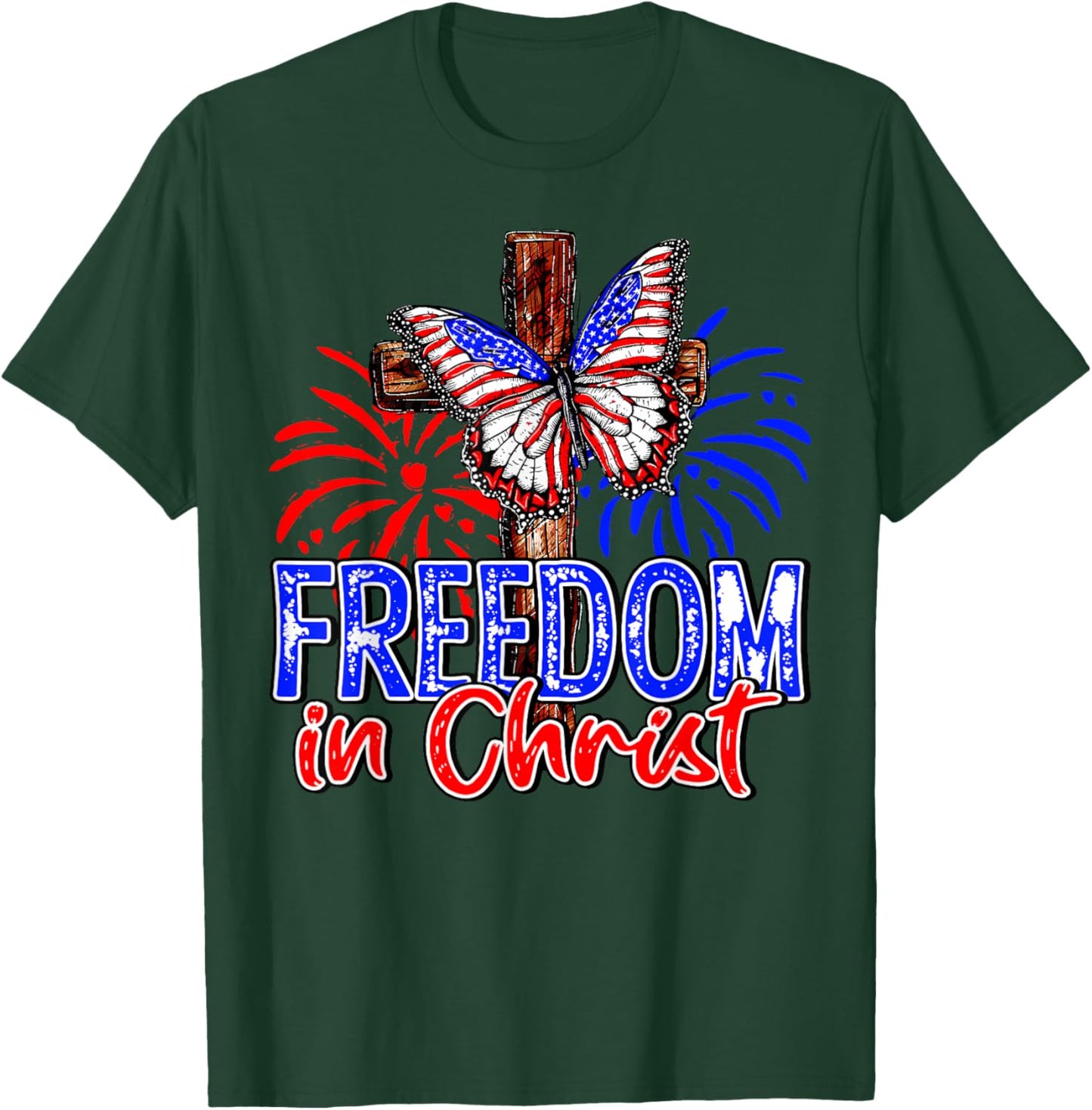 Patriotic Firework Faith Freedom In Christ Cross Butterfly Kids Men T-Shirt - T-Shirt | Forest