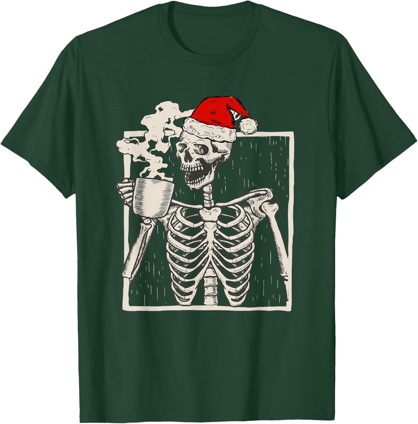 Christmas Skeleton With Smiling Skull Drinking Coffee Latte T-Shirt - T-Shirt | Forest