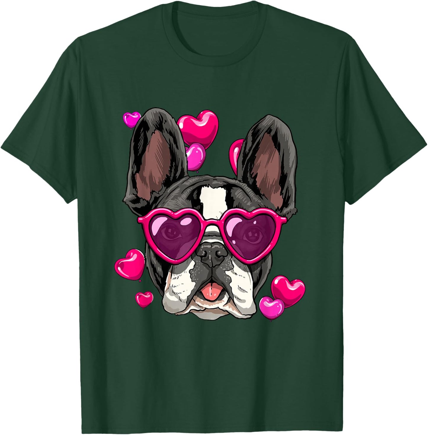 Valentine's Day French Bulldog With Heart Glasses Frenchie T-Shirt - T-Shirt | Forest