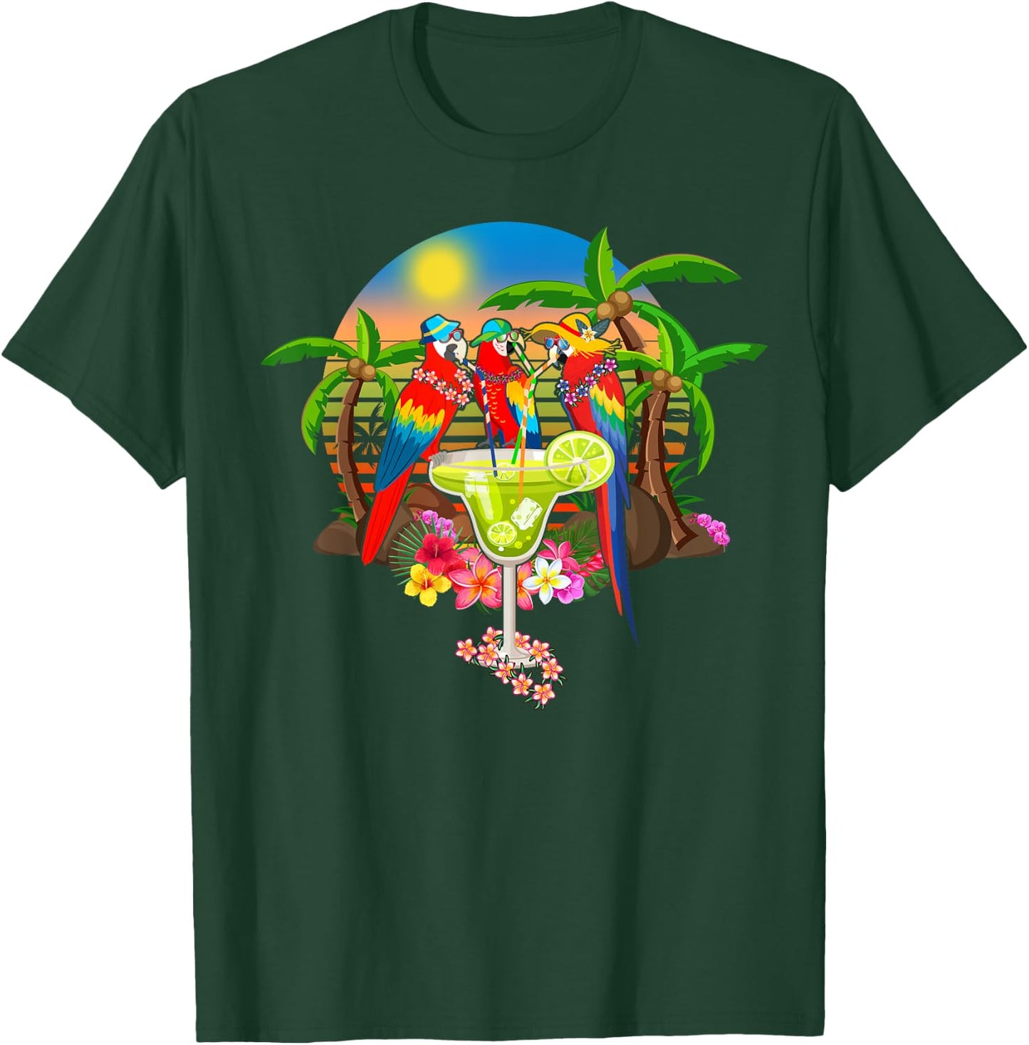 Parrots Drinking Margarita On Summer Vacation Birds Fun Men Women T-Shirt - T-Shirt | Forest