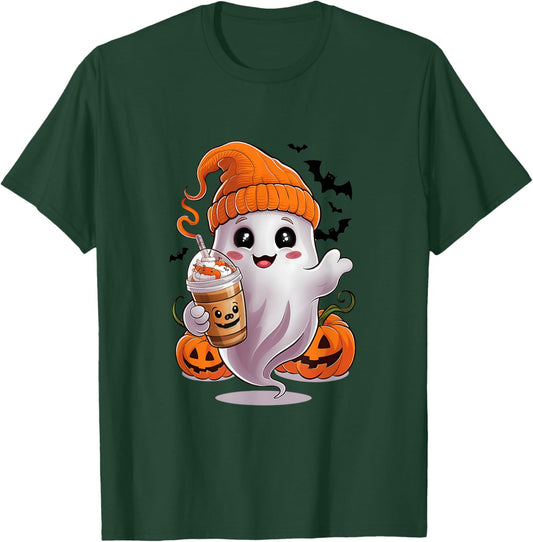 Cute Ghost Drinking Coffee Halloween Ghost Coffee T-Shirt - T-Shirt | Forest