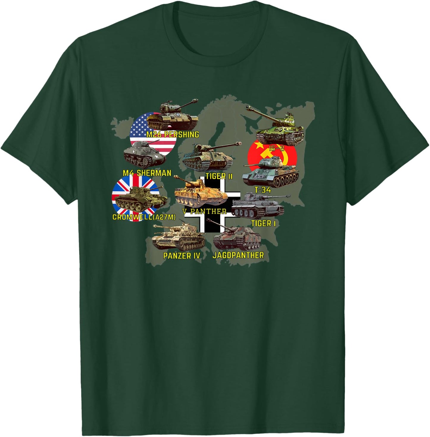 Top Ten Best WW2 Tanks M4 Sherman Panzer IV Tiger II T-34 T-Shirt - T-Shirt | Forest