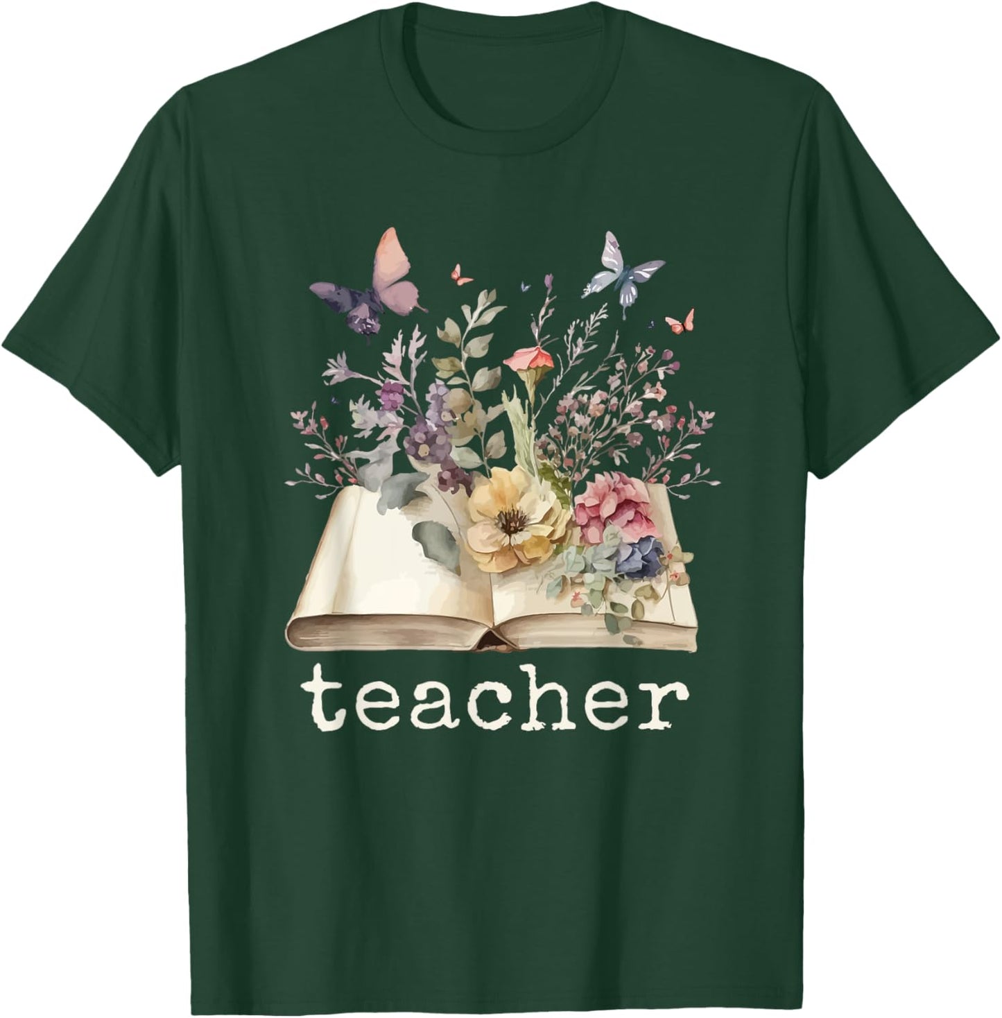 Beautiful Floral Open Book Teacher Men Women T-Shirt - T-Shirt | Forest