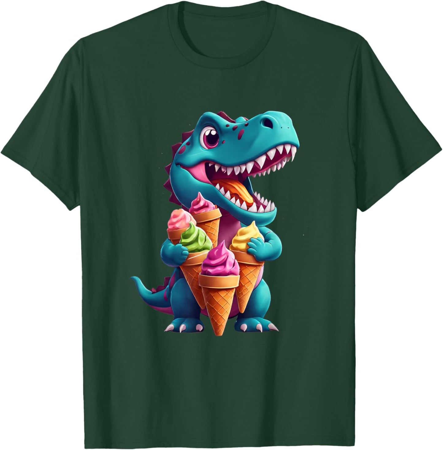 T-Rex Dinosaur Eating Ice Cream Cone Party Men Women Kids T-Shirt - T-Shirt | Forest